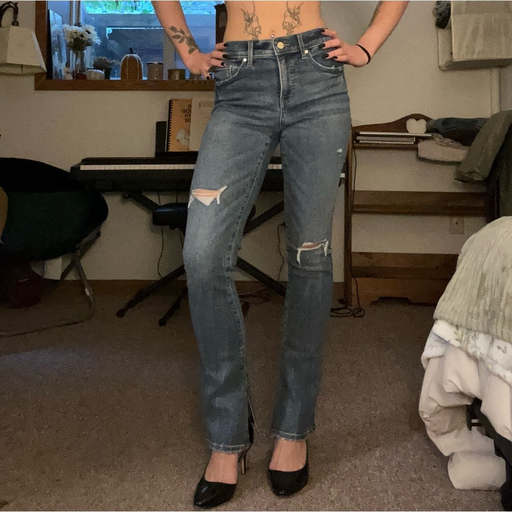 new express skyscraper high waisted bootcut denim distressed jeans